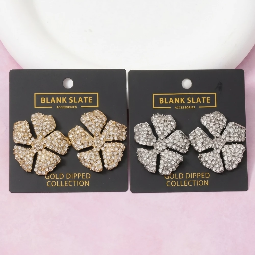 Gold Dipped Pave Rhinestone Floral Stud Earrings