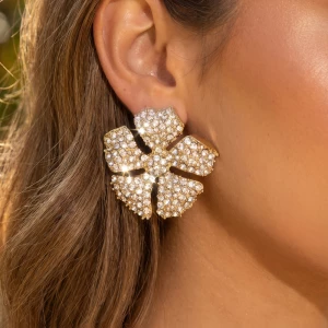 Gold Dipped Pave Rhinestone Floral Stud Earrings
