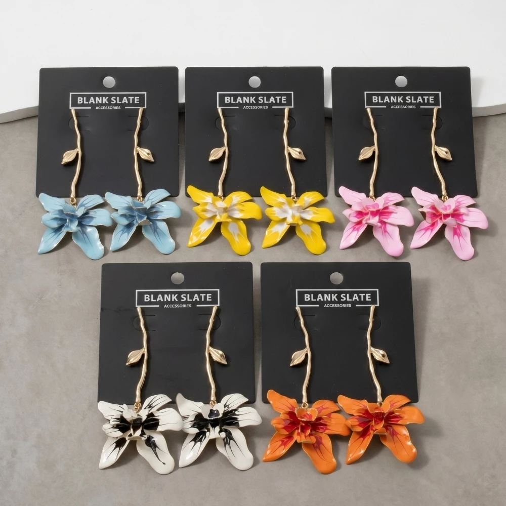 Enamel Orchid Flower Drop Earrings With Twig Post