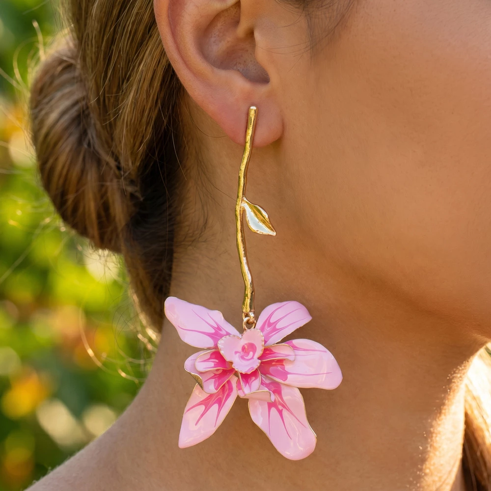 Enamel Orchid Flower Drop Earrings With Twig Post
