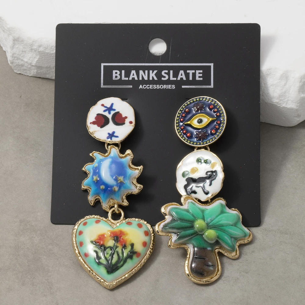 Artisan Painted Enamel Mismatched Charm Earrings
