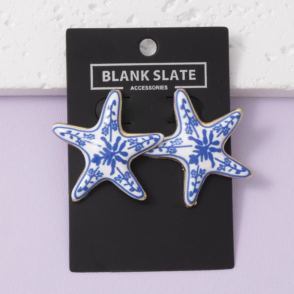Enamel Starfish Floral Print Stud Earrings