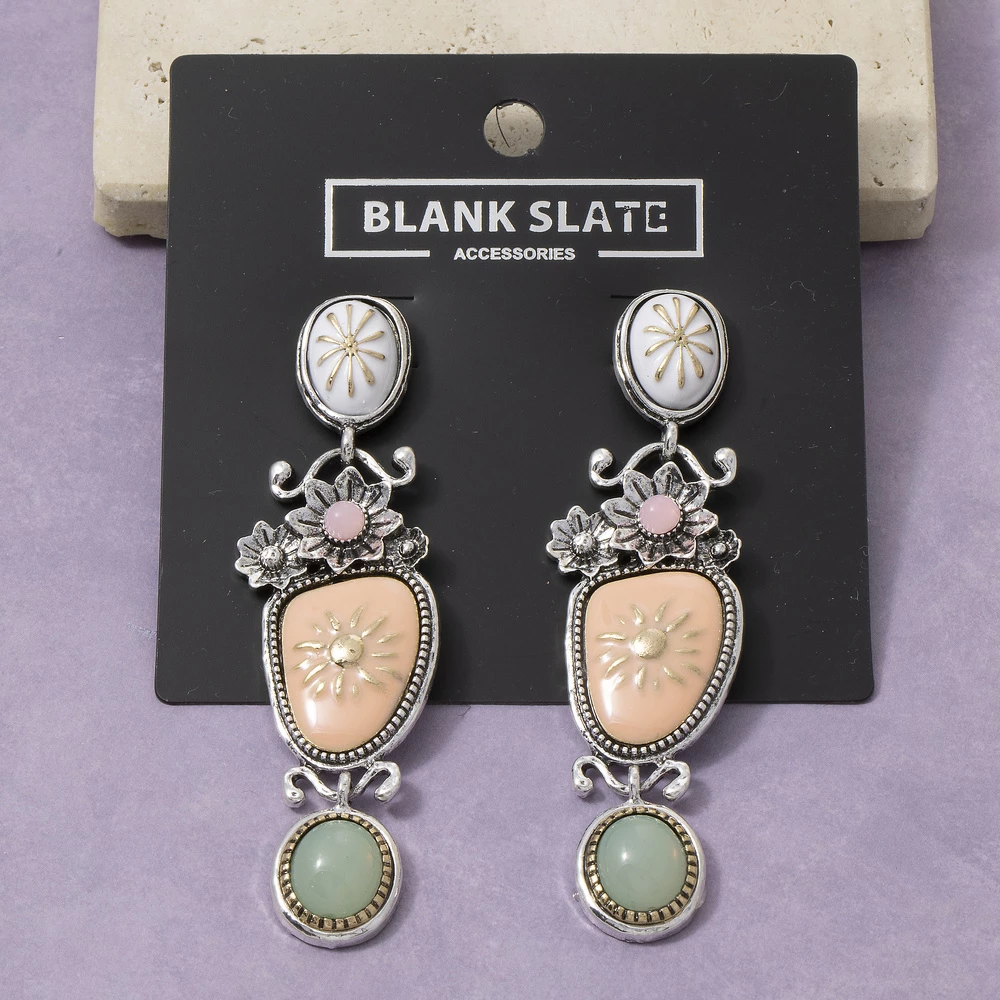 Multi Tier Carved Stone Botanical Floral Dangle Earrings