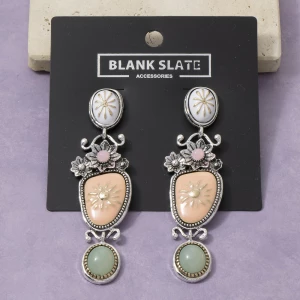 Multi Tier Carved Stone Botanical Floral Dangle Earrings