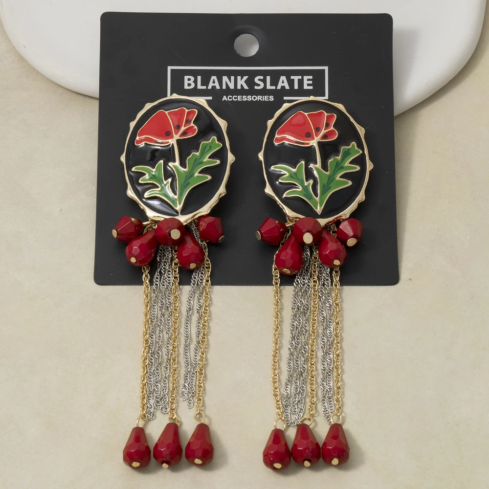 Painted Floral Enamel Oval Dangle Tassel Earrings