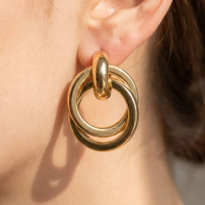 Gold Dipped Smooth Double Ring Doorknocker Earrings