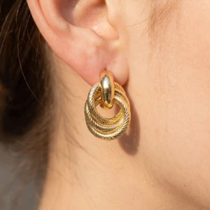 Gold Dipped Rope Cut Double Ring Doorknocker Earrings