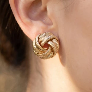 Gold Dipped Ribbed Tube Love Knot Stud Earrings