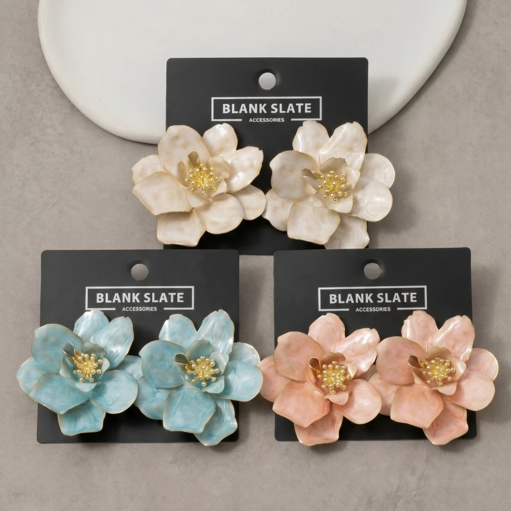 Oversized Pearlized Enamel Flower Stud Earrings