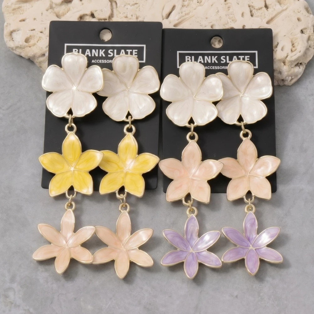 Enamel Triple Flower Tiered Drop Earrings