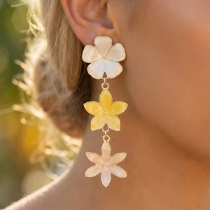 Enamel Triple Flower Tiered Drop Earrings