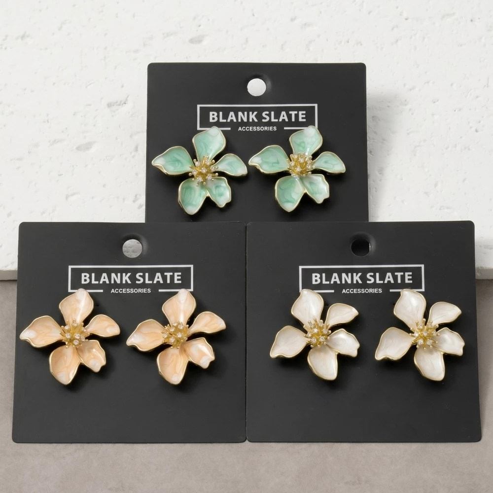 Enamel Flower Stud Earrings With Cz Center