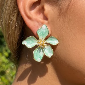 Enamel Flower Stud Earrings With Cz Center