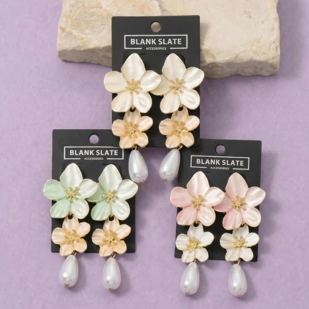 Double Flower And Teardrop Pearl Drop Earrings