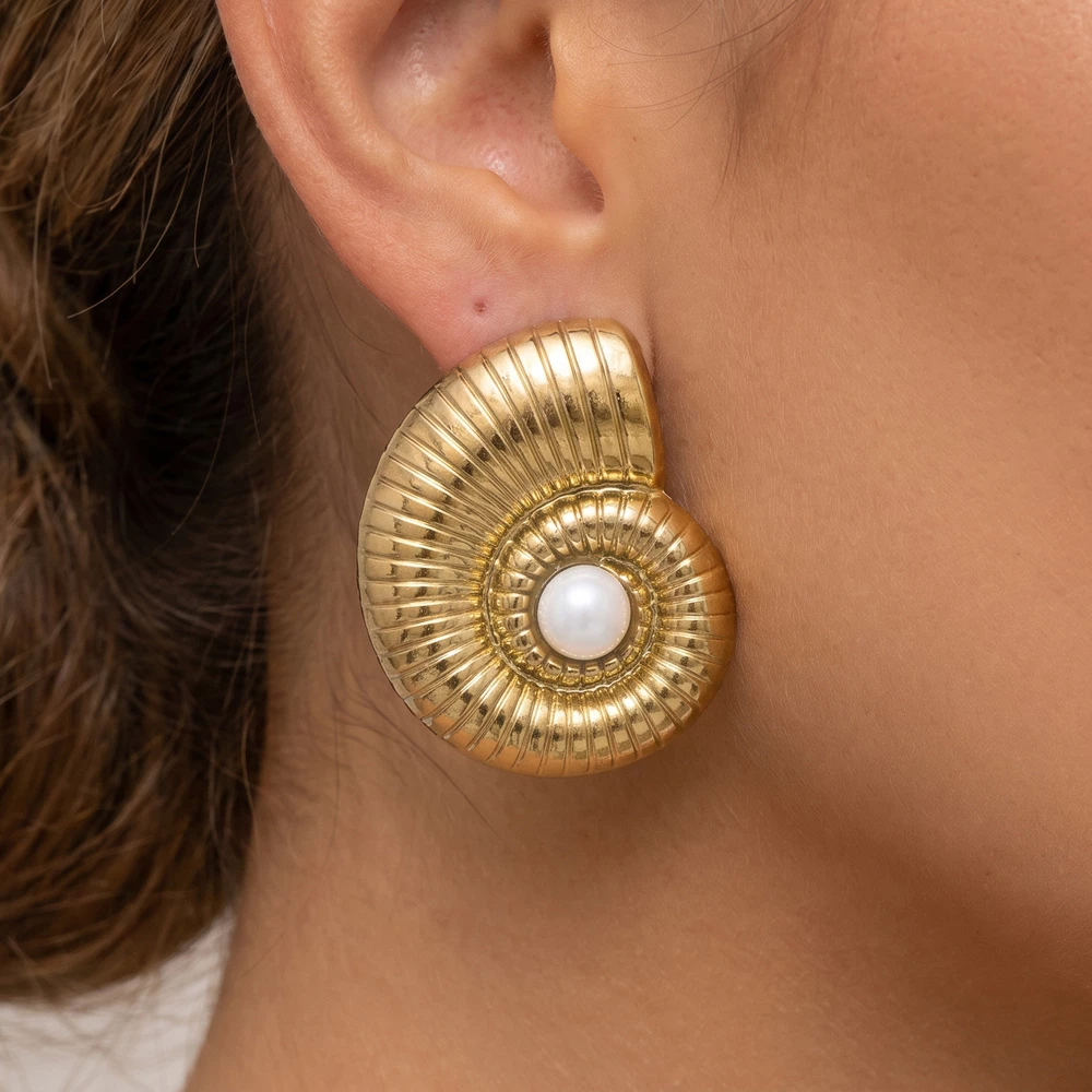 Gold Dipped Nautilus Spiral Shell Pearl Stud Earrings