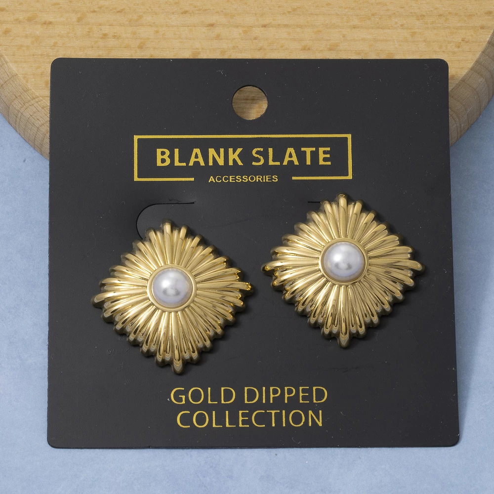 Gold Dipped Starburst Diamond Pearl Stud Earrings
