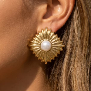 Gold Dipped Starburst Diamond Pearl Stud Earrings