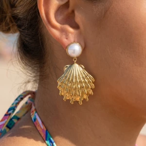 Gold Dipped Pearl Top Shell Drop Earrings