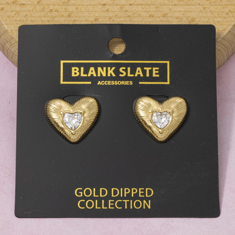 Gold Dipped Cz Heart Stud Earrings
