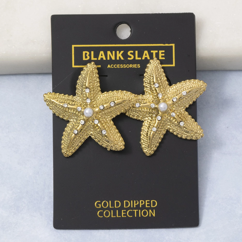 Gold Dipped Pearl Starfish Rhinestone Stud Earrings
