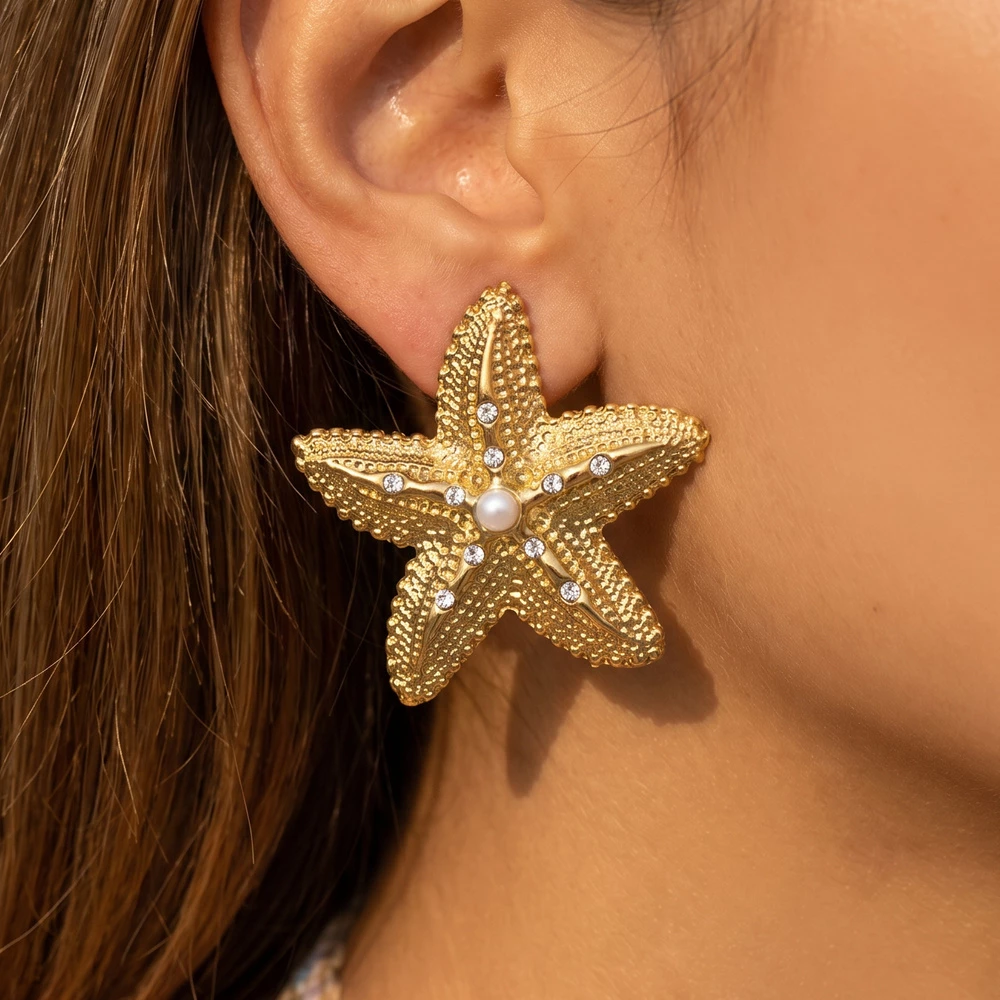 Gold Dipped Pearl Starfish Rhinestone Stud Earrings