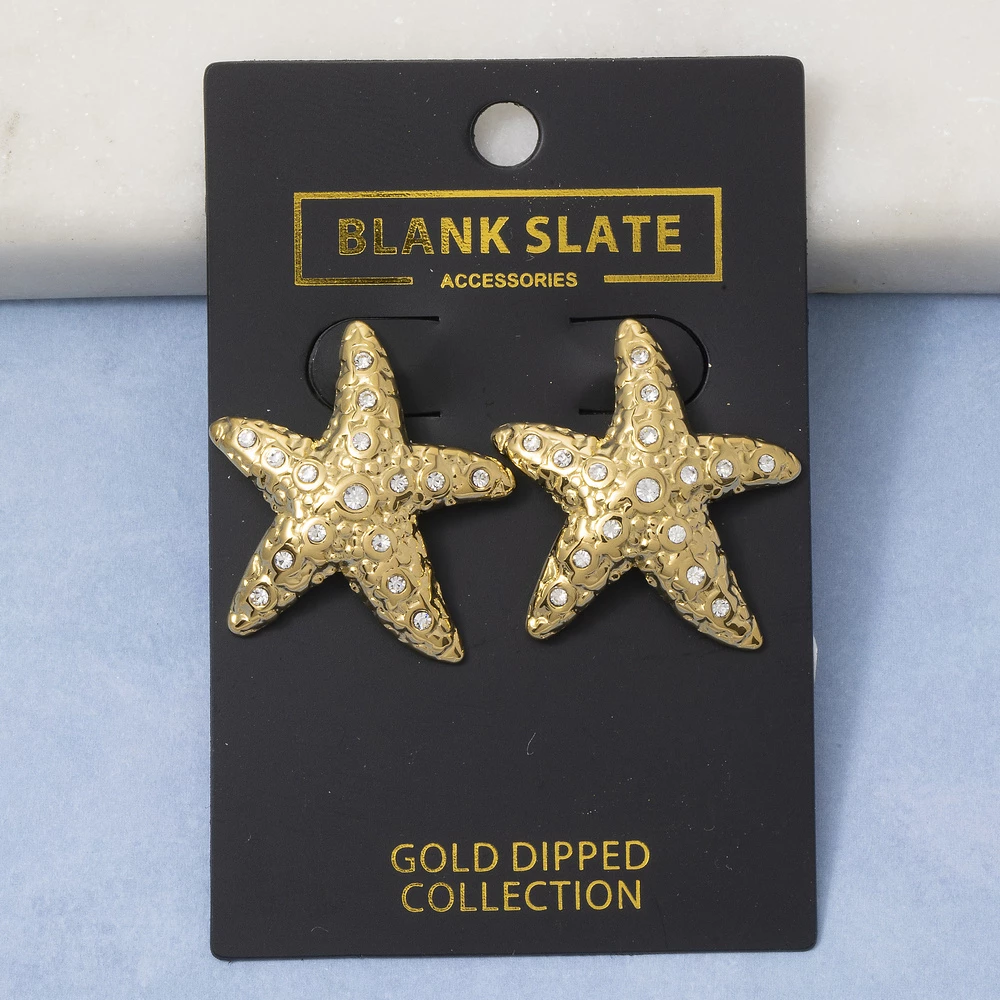 Gold Dipped Pebbled Starfish Crystal Stud Earrings