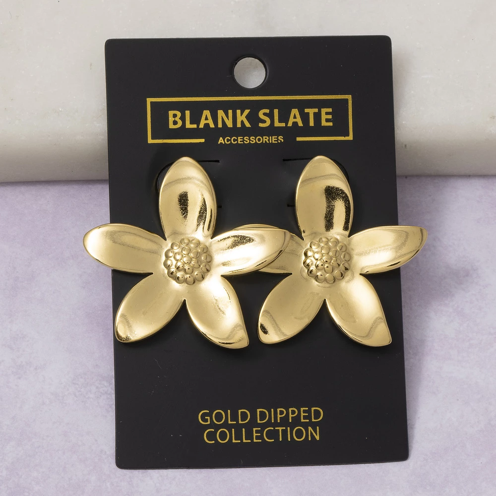 Gold Dipped Polished Tropical Flower Stud Earrings