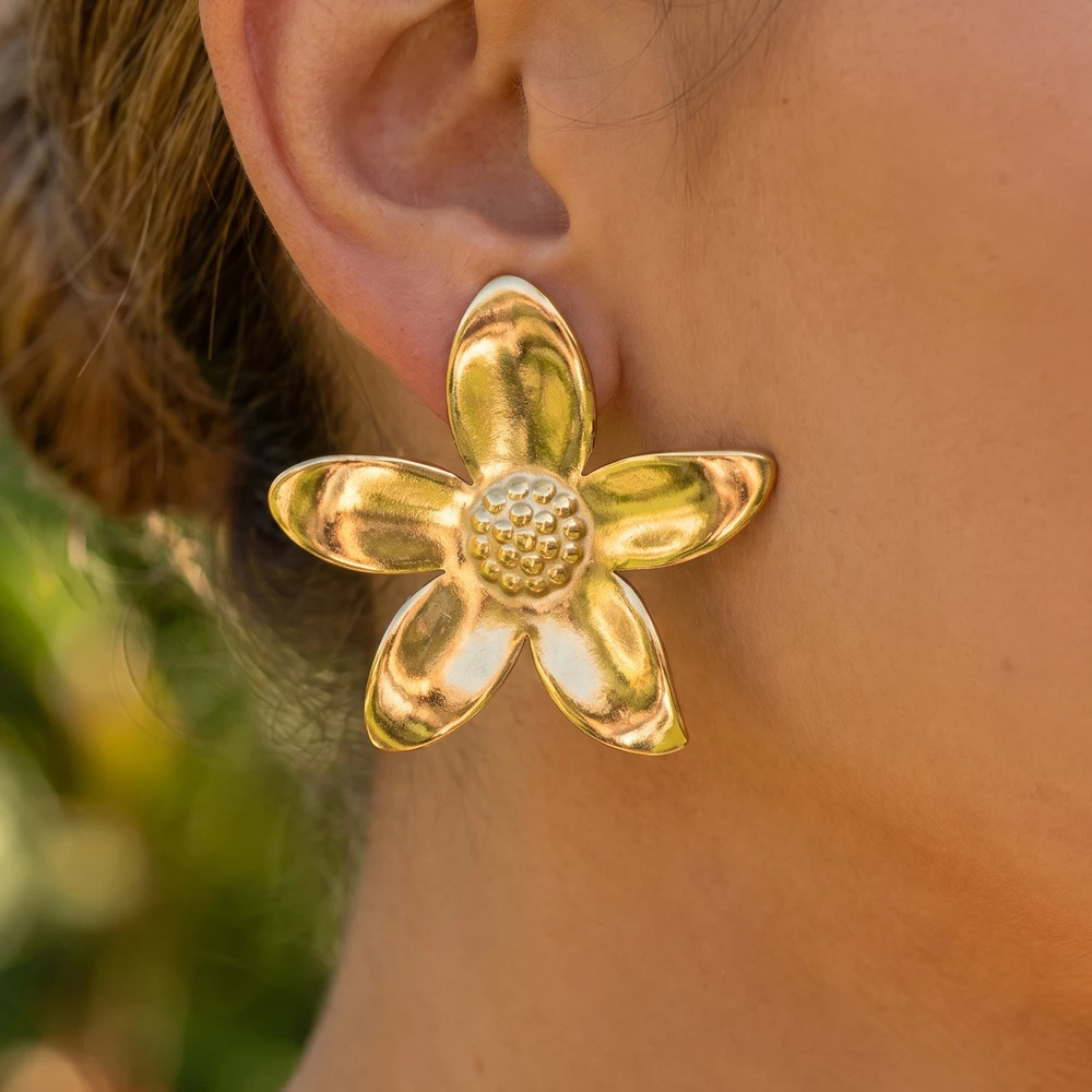 Gold Dipped Polished Tropical Flower Stud Earrings