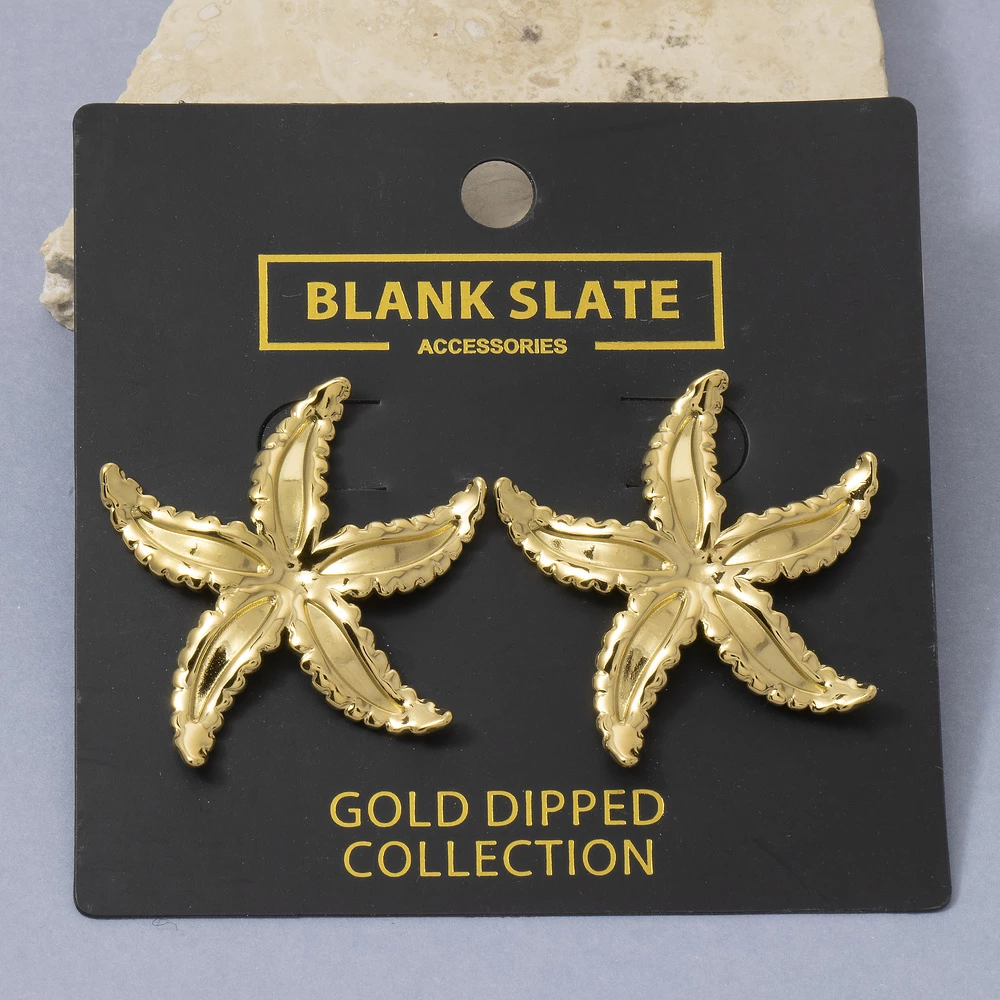 Gold Dipped Ridged Scalloped Starfish Stud Earrings