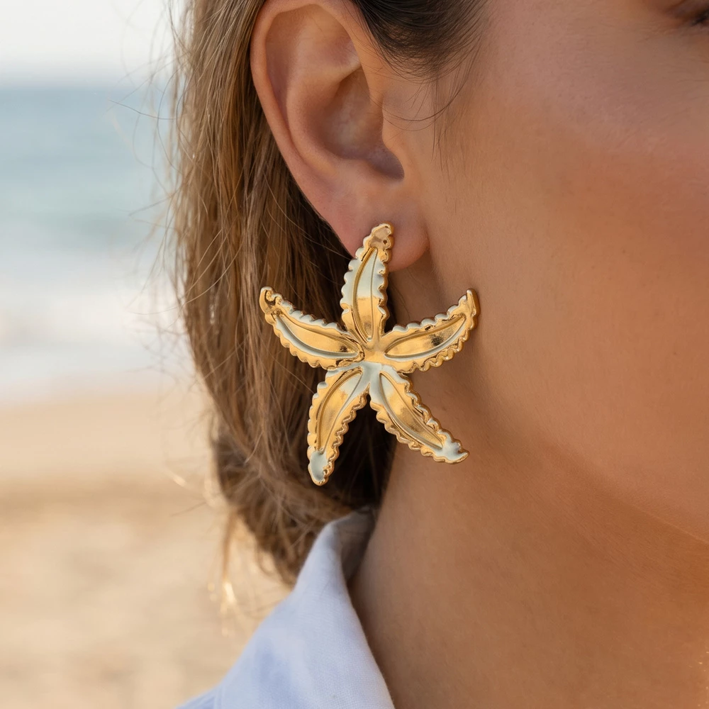 Gold Dipped Ridged Scalloped Starfish Stud Earrings