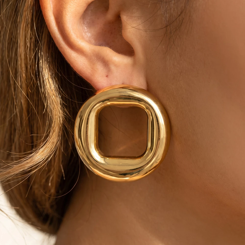 Gold Dipped Chunky Open Square Ring Stud Earrings