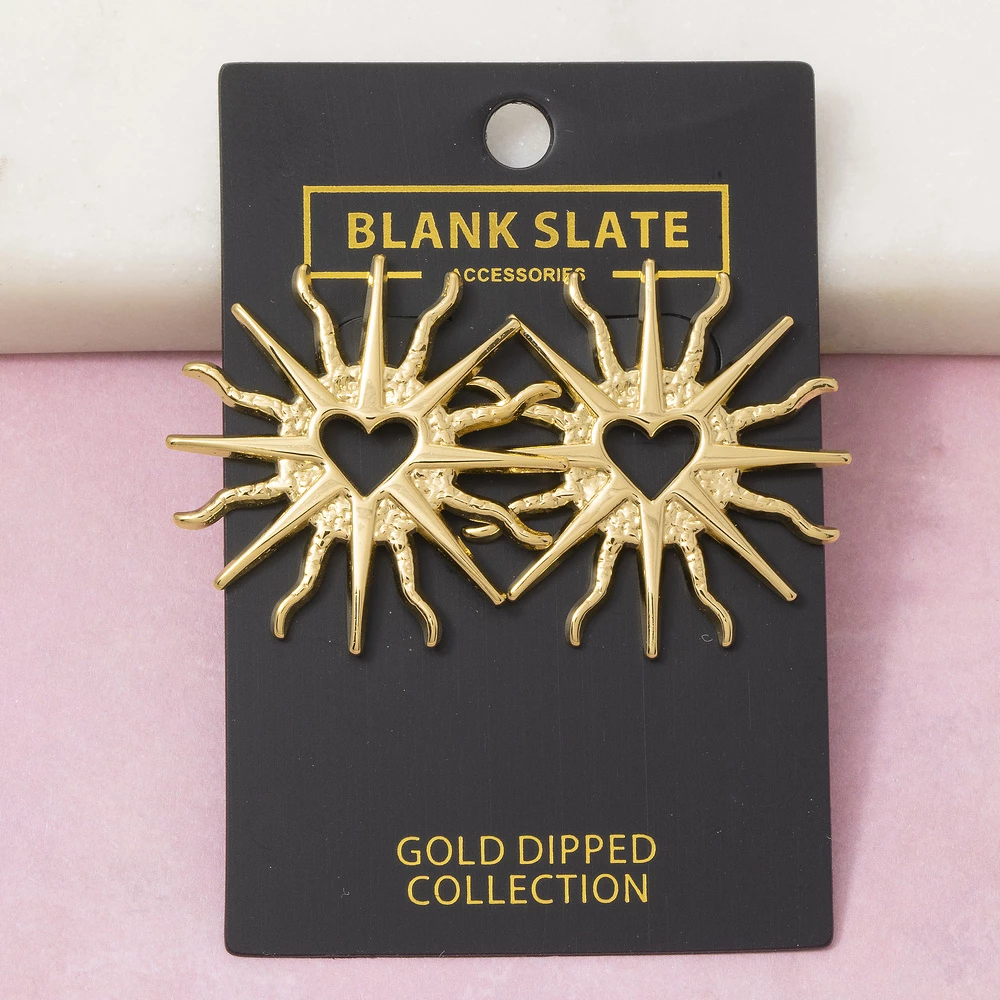 Gold Dipped Sacred Heart Sunburst Stud Earrings