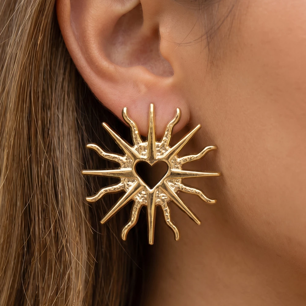 Gold Dipped Sacred Heart Sunburst Stud Earrings
