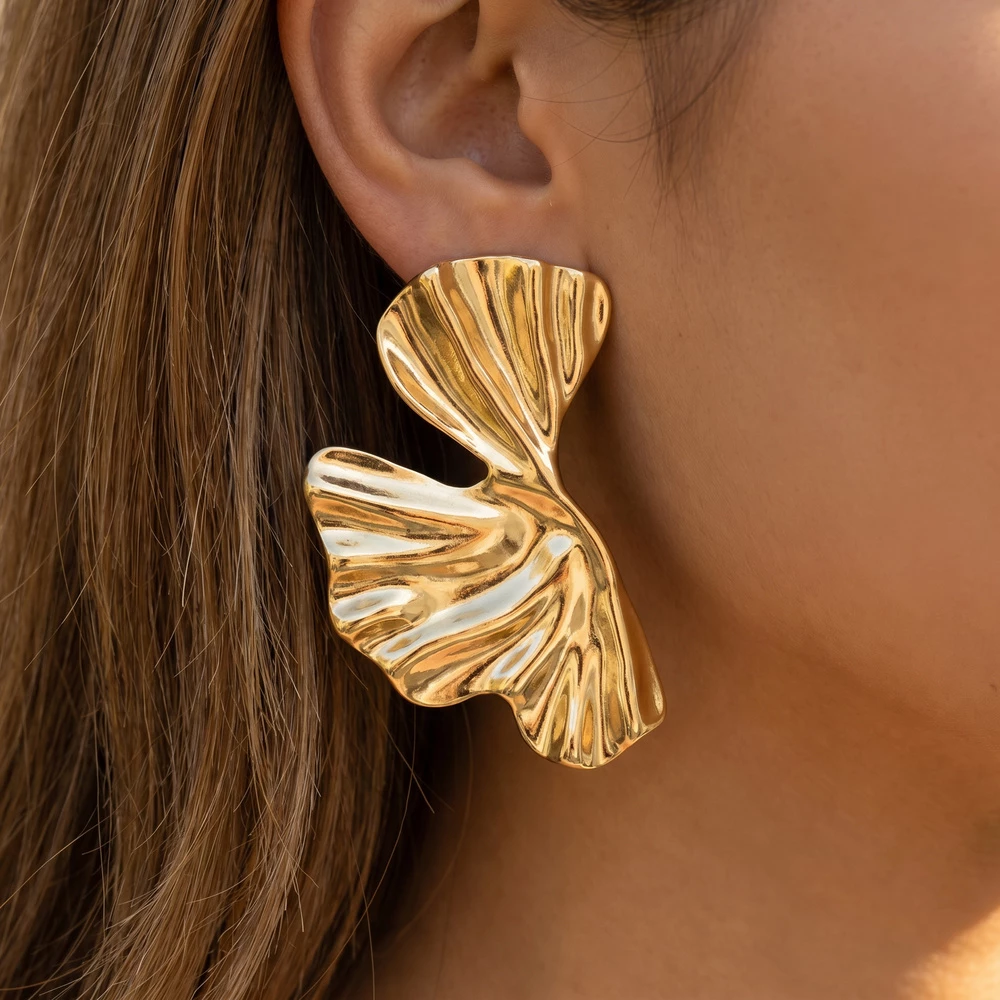 Gold Dipped Ginkgo Leaf Fan Stud Earrings