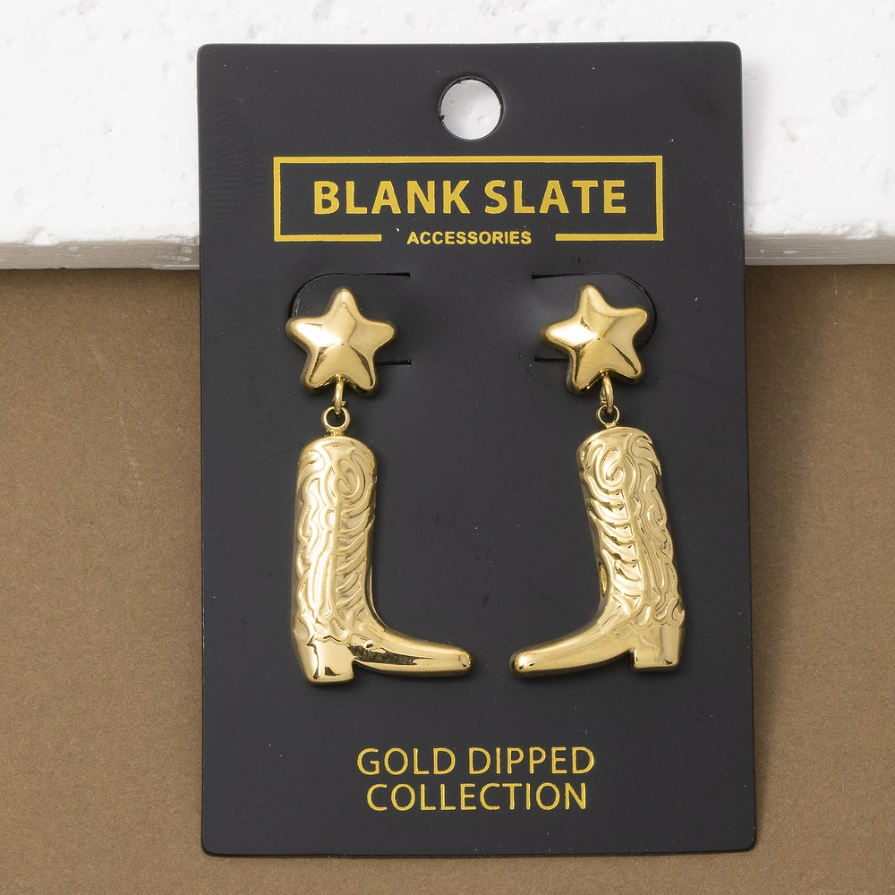 Gold Dipped Western Star And Cowboy Boot Drop Earrings