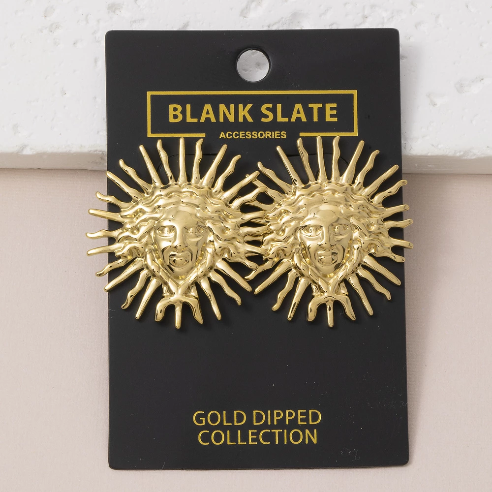 Gold Dipped Sun Face With Spike Ray Stud Earrings