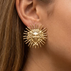 Gold Dipped Sun Face With Spike Ray Stud Earrings