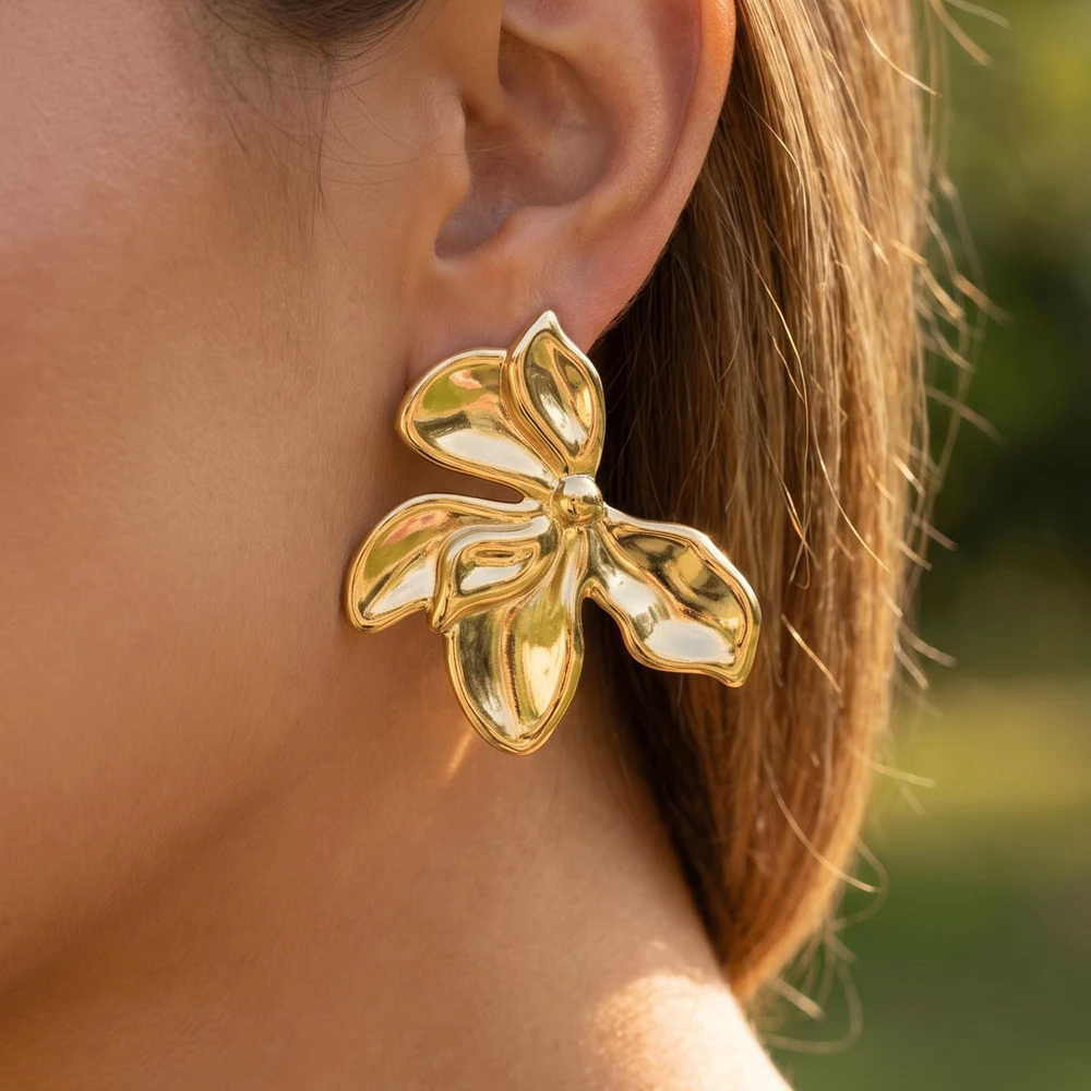 Gold Dipped Puffy Round Petal Flower Stud Earrings