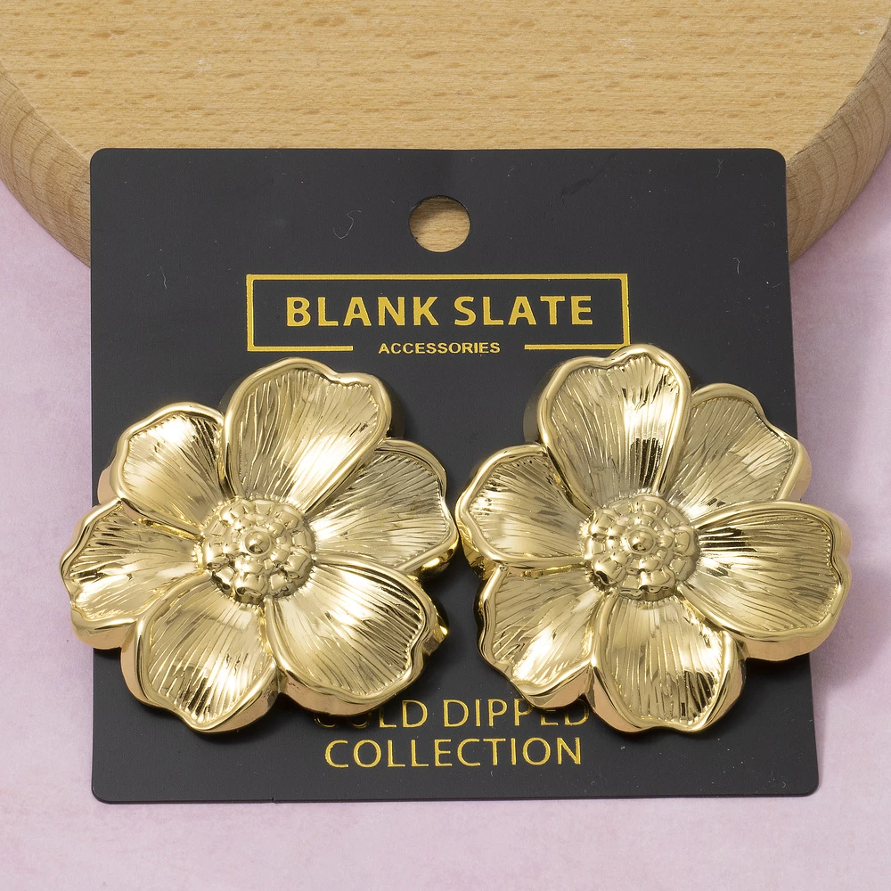 Gold Dipped Ribbed Multi Petal Flower Stud Earrings