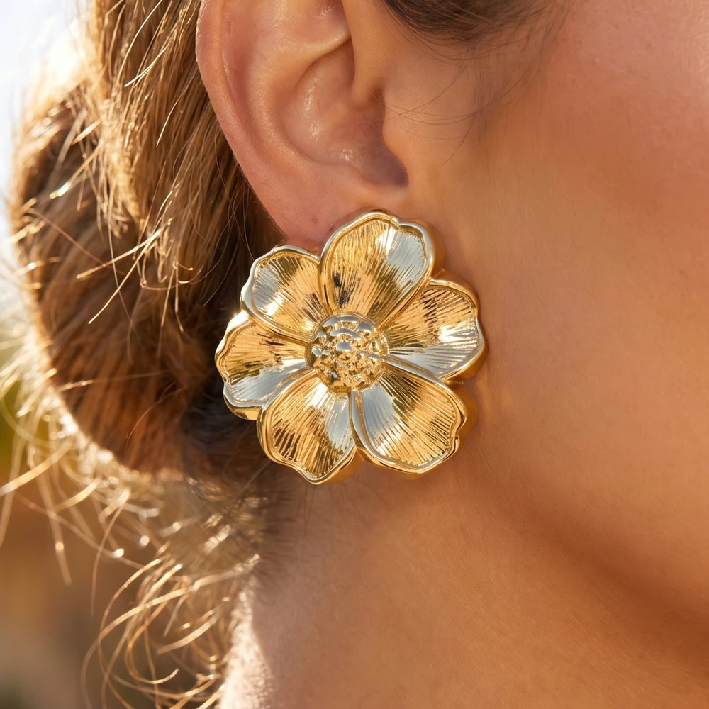 Gold Dipped Ribbed Multi Petal Flower Stud Earrings