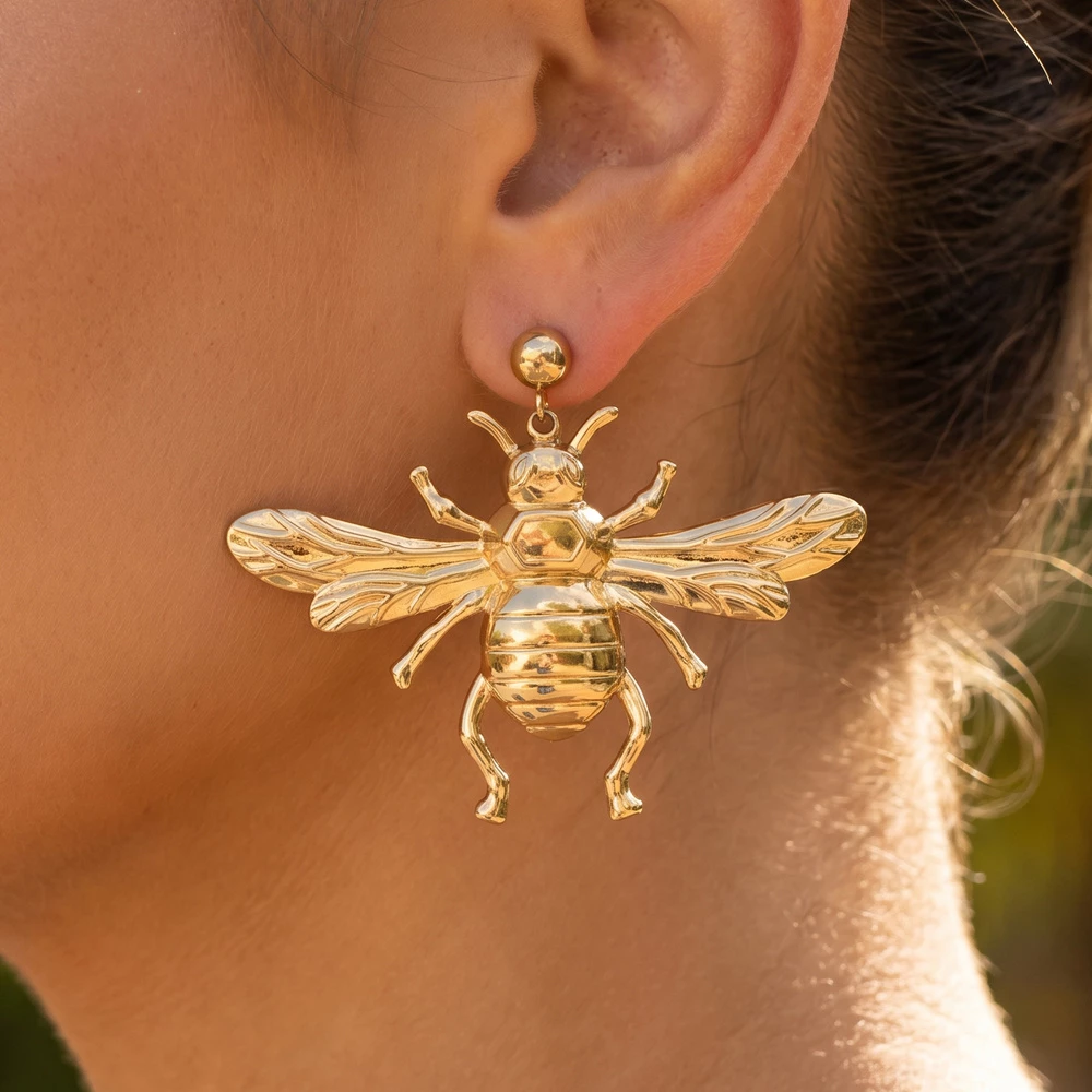 Gold Dipped 3D Bee Drop Statement Earrings