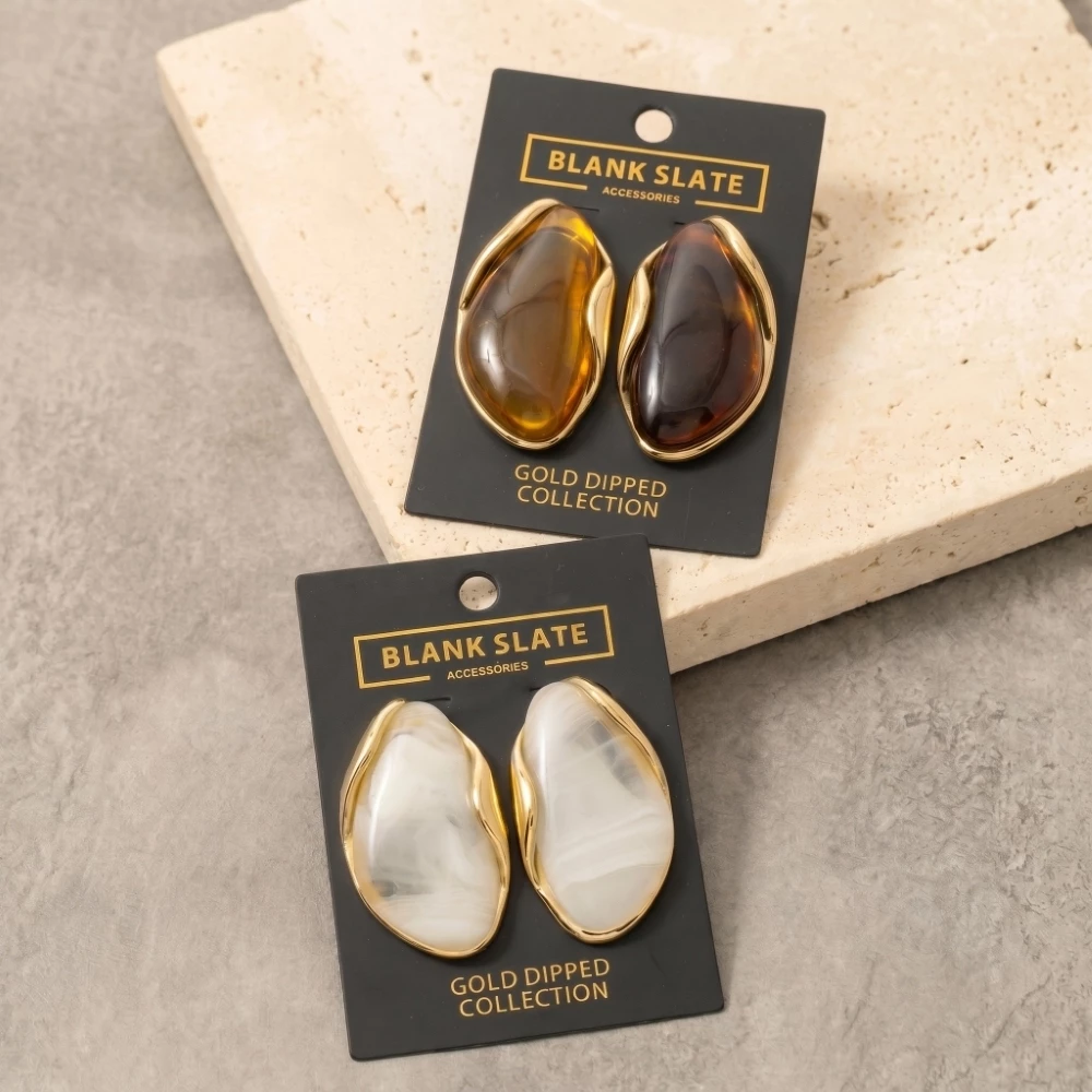 Gold Dipped Tortoise Resin Flame Teardrop Drop Earrings