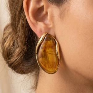 Gold Dipped Tortoise Resin Flame Teardrop Drop Earrings
