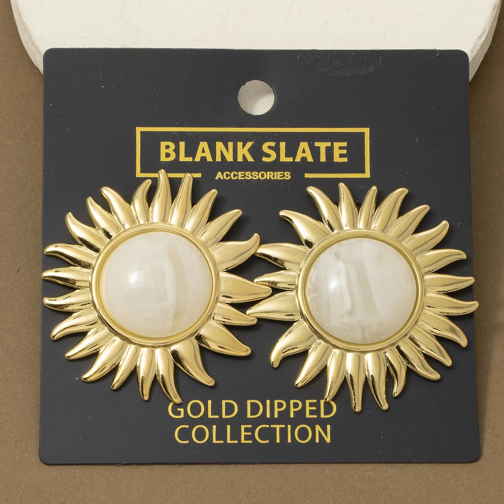 Gold Dipped Sunburst Stone Center Stud Earrings