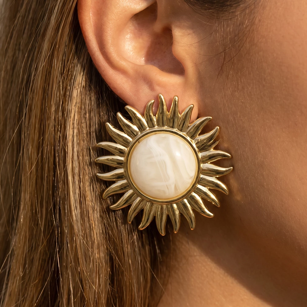 Gold Dipped Sunburst Stone Center Stud Earrings
