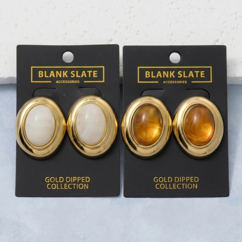 Gold Dipped Amber Resin Oval Cabochon Stud Earrings