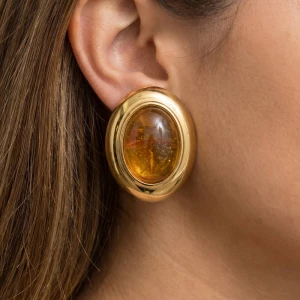 Gold Dipped Amber Resin Oval Cabochon Stud Earrings