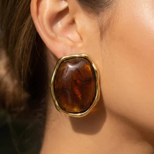 Gold Dipped Tortoise Resin Organic Frame Stud Earrings