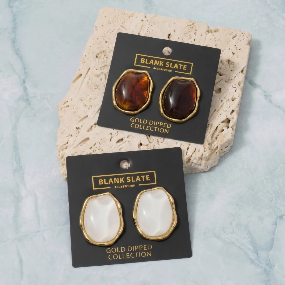 Gold Dipped Tortoise Resin Organic Frame Stud Earrings