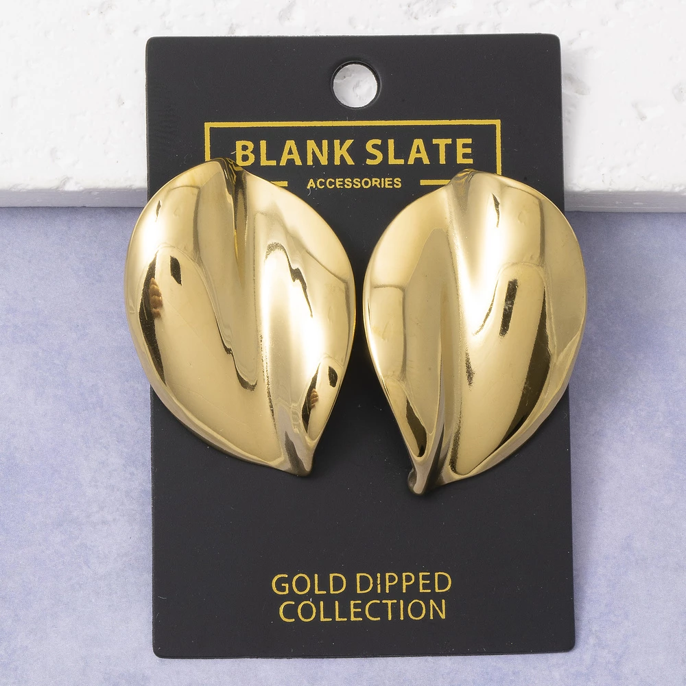 Gold Dipped Bold Leaf Shield Sculptural Stud Earrings